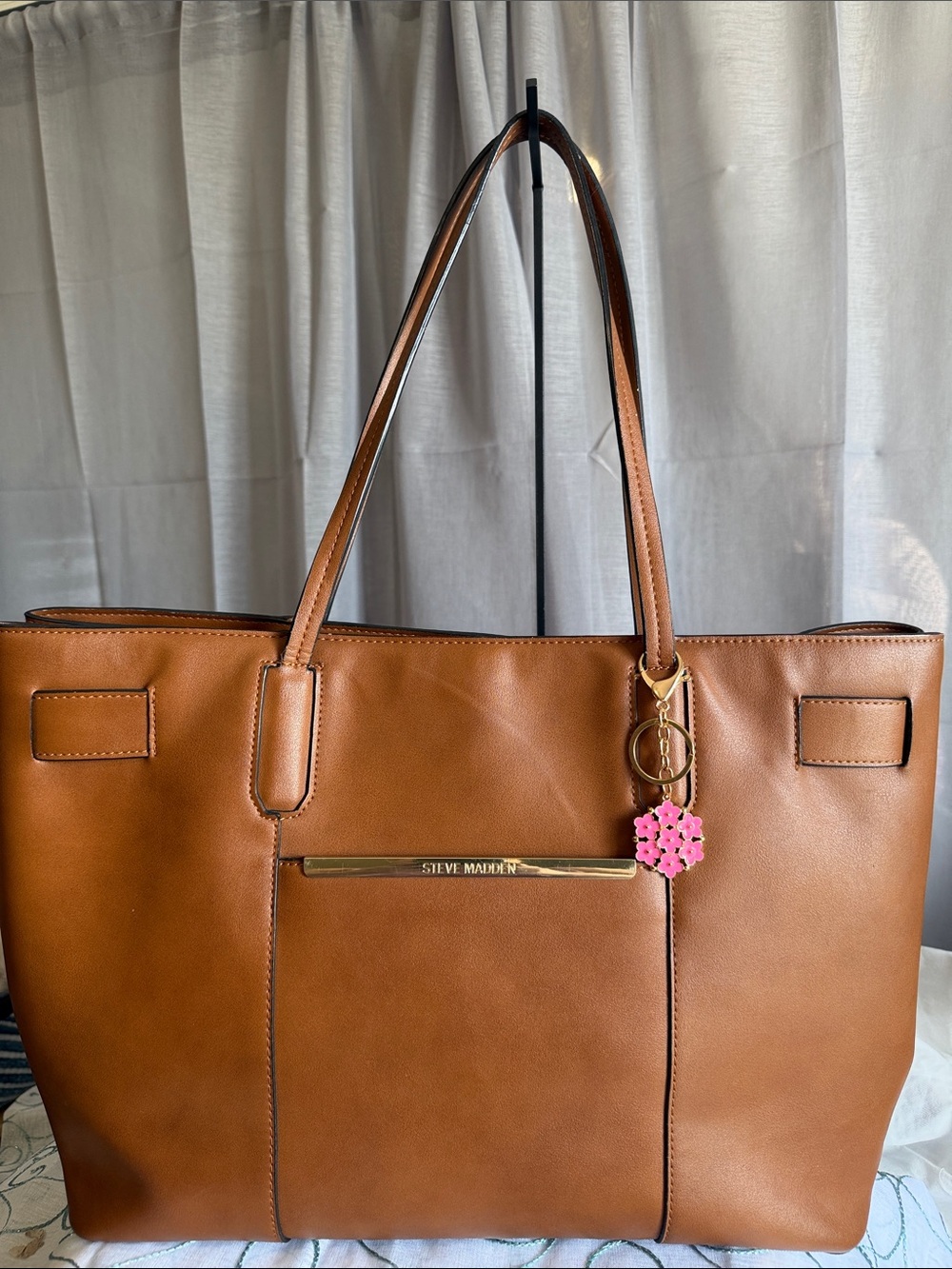 Steve Madden Cognac Leather Tote with Pink Flower Charm